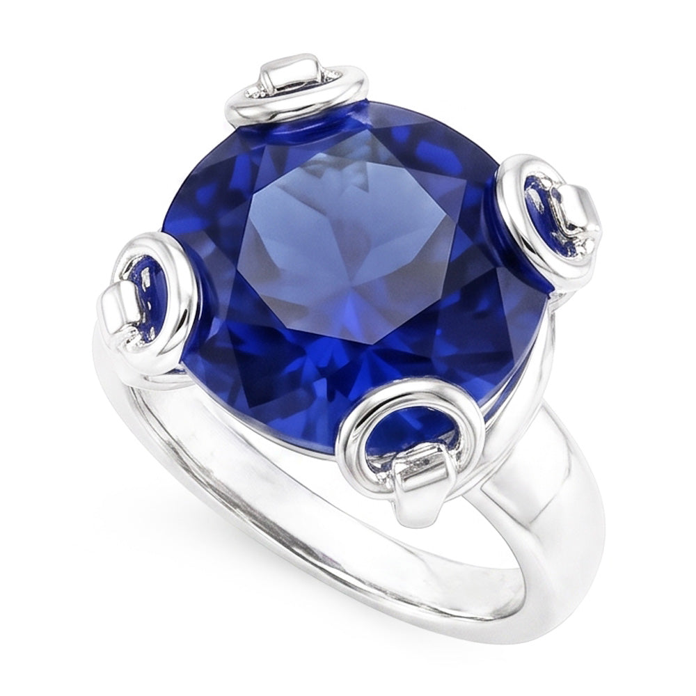 Anello solitario con zaffiro di Ceylon taglio rotondo 7 ct. Oro bianco 14K