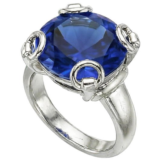 Anello solitario con zaffiro di Ceylon taglio rotondo 7 ct. Oro bianco 14K