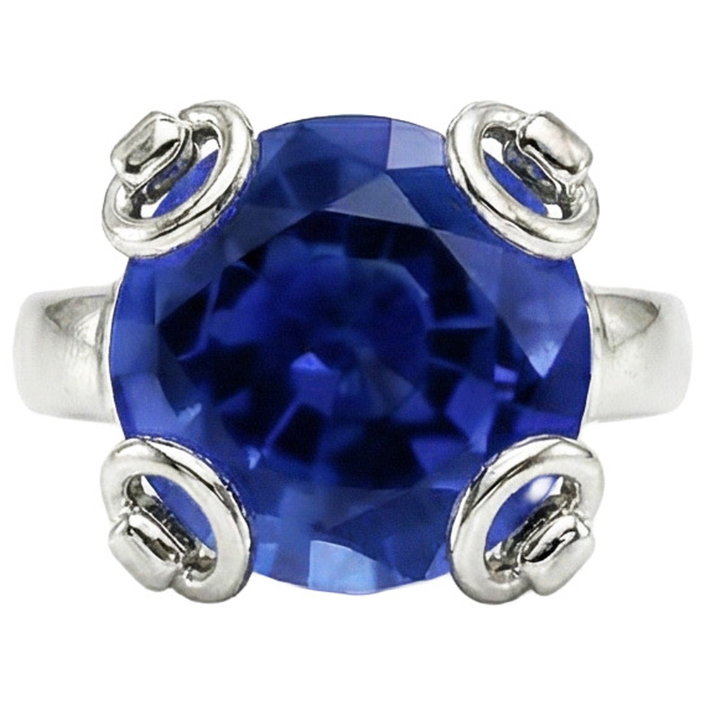 Anello solitario con zaffiro di Ceylon taglio rotondo 7 ct. Oro bianco 14K
