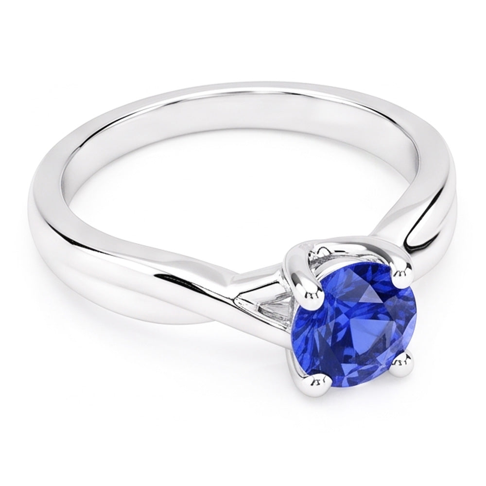 Anello solitario con zaffiro e diamante tondo da 1 carati con montatura ad asta in oro bianco 14K