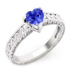 Anello solitario cuore zaffiro azzurro 1 carato con filigrana stelo in oro bianco 14K