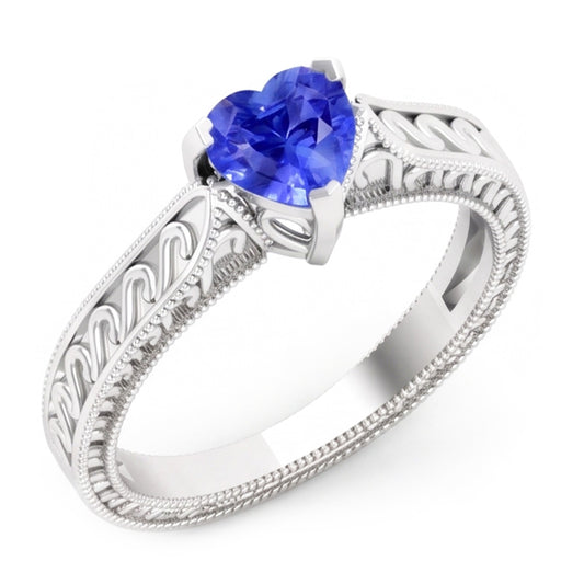 Anello solitario cuore zaffiro azzurro 1 carato con filigrana stelo in oro bianco 14K