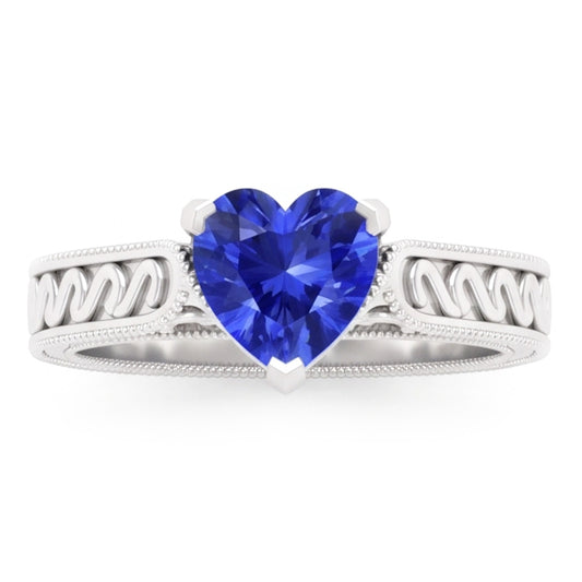 Anello solitario cuore zaffiro azzurro 1 carato con filigrana stelo in oro bianco 14K