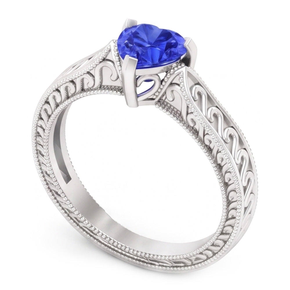 Anello solitario cuore zaffiro azzurro 1 carato con filigrana stelo in oro bianco 14K