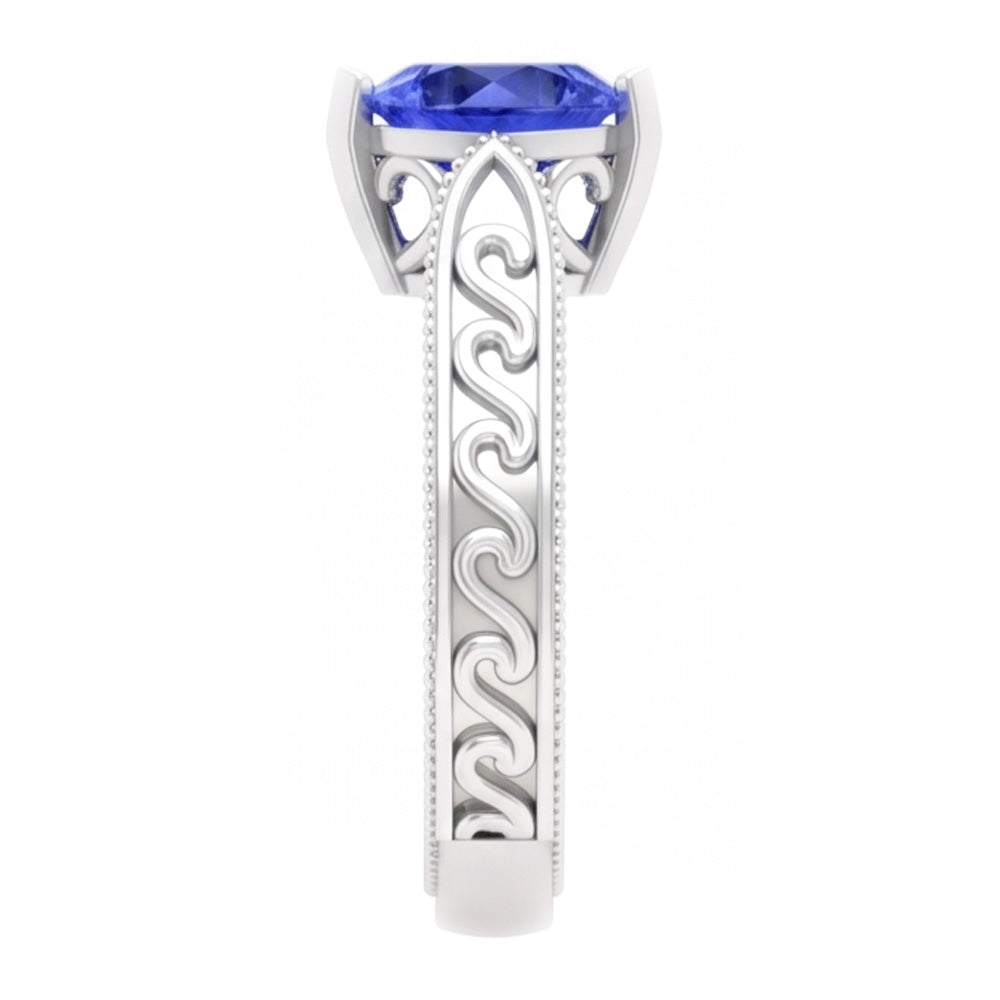 Anello solitario cuore zaffiro azzurro 1 carato con filigrana stelo in oro bianco 14K