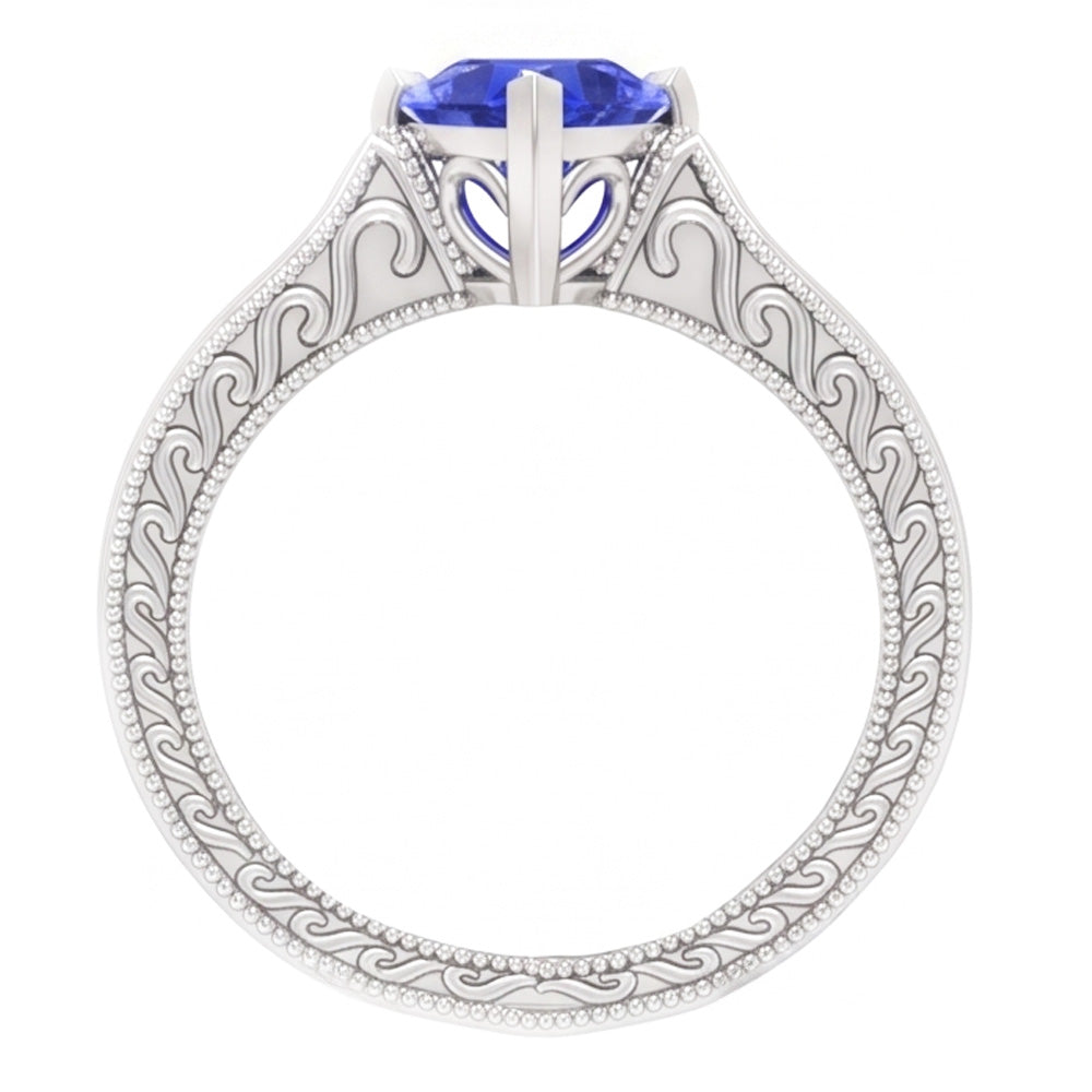 Anello solitario cuore zaffiro azzurro 1 carato con filigrana stelo in oro bianco 14K