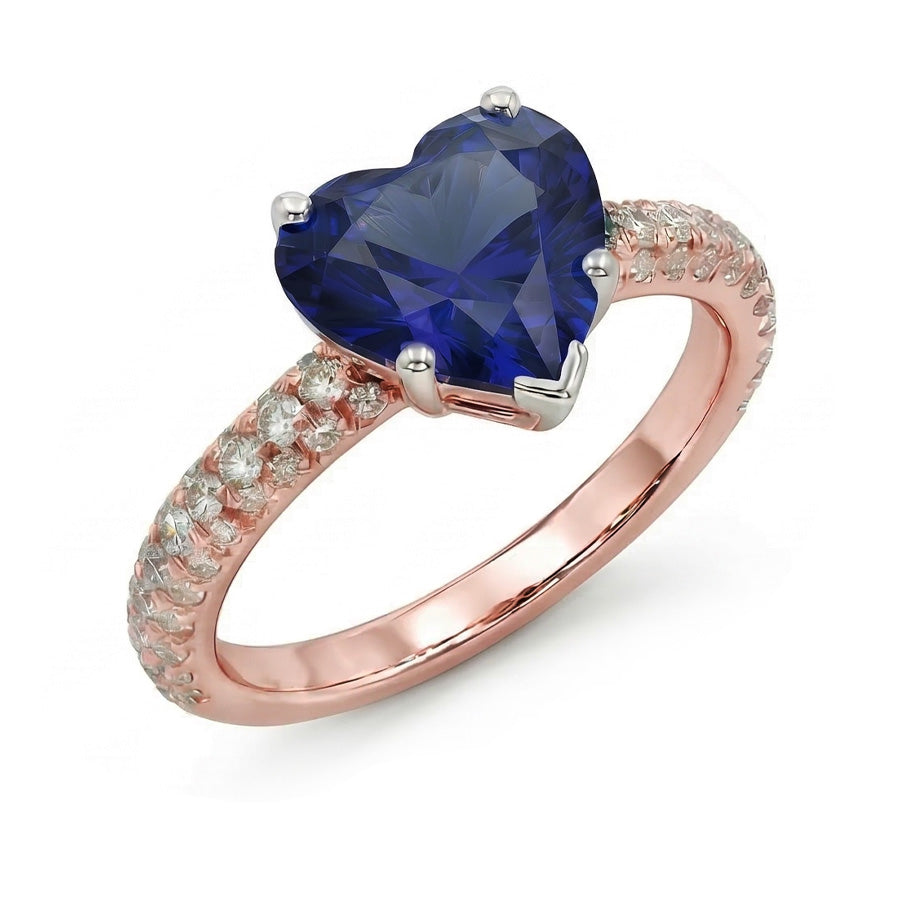 Anello solitario cuore zaffiro blu con pavé di diamanti 3.50 carati