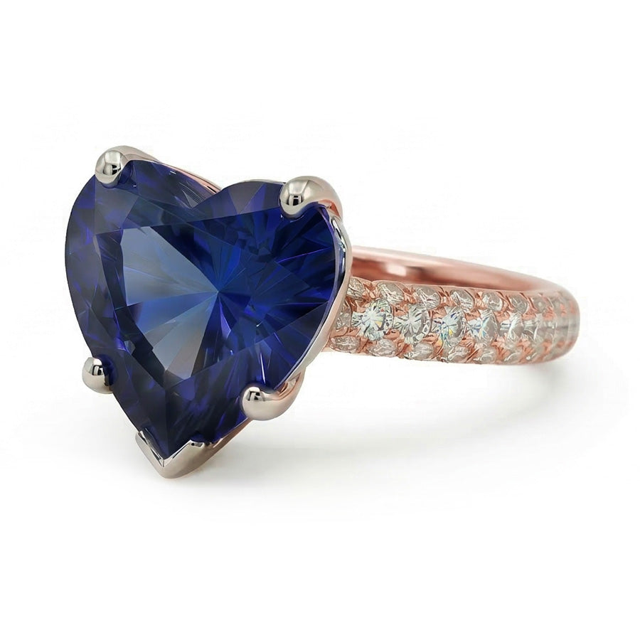 Anello solitario cuore zaffiro blu con pavé di diamanti 3.50 carati
