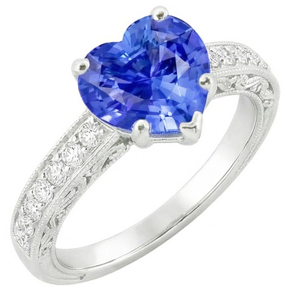 Anello solitario da donna con accenti di zaffiro blu cuore a 2 carati in oro bianco 14K
