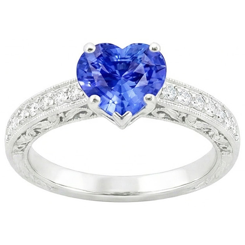 Anello solitario da donna con accenti di zaffiro blu cuore a 2 carati in oro bianco 14K