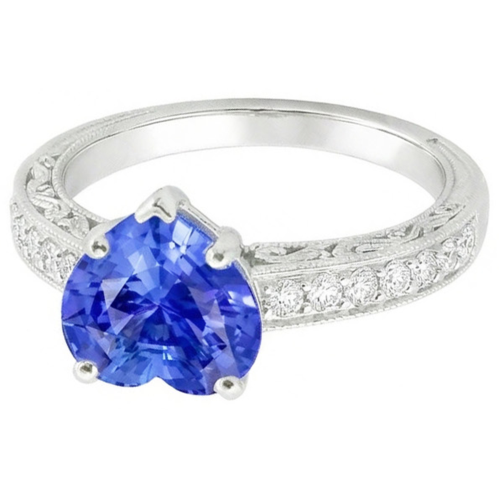 Anello solitario da donna con accenti di zaffiro blu cuore a 2 carati in oro bianco 14K