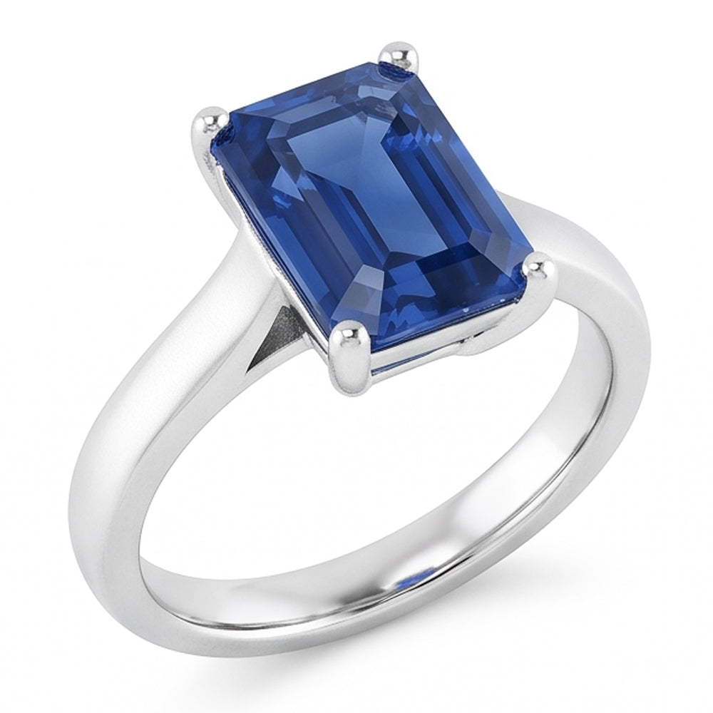 Anello solitario da donna con zaffiro blu smeraldo 2 carati oro bianco 14k