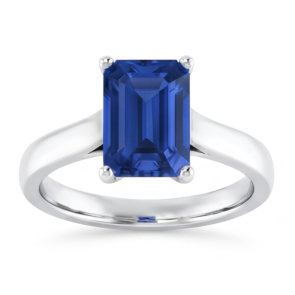 Anello solitario da donna con zaffiro blu smeraldo 2 carati oro bianco 14k