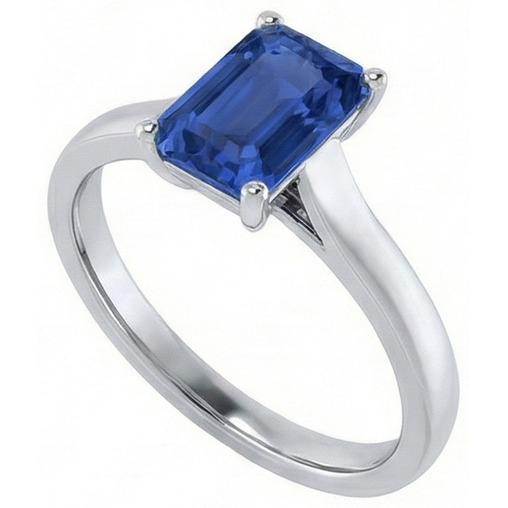 Anello solitario da donna con zaffiro blu smeraldo 2 carati oro bianco 14k