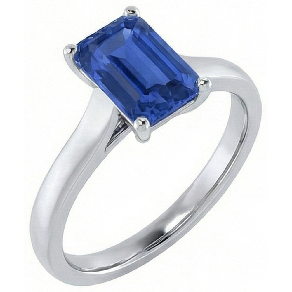 Anello solitario da donna con zaffiro blu smeraldo 2 carati oro bianco 14k