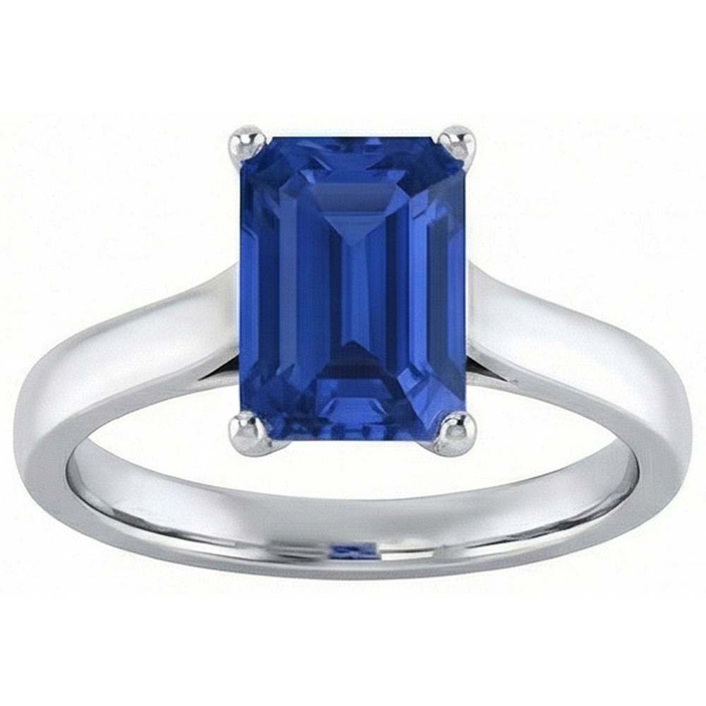 Anello solitario da donna con zaffiro blu smeraldo 2 carati oro bianco 14k