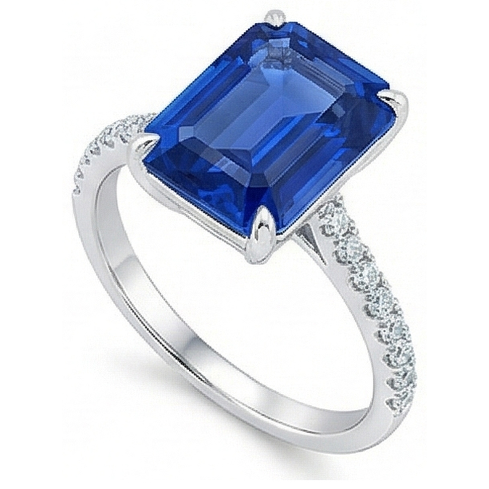 Anello solitario da donna con zaffiro blu smeraldo e diamanti accentati 5 carati