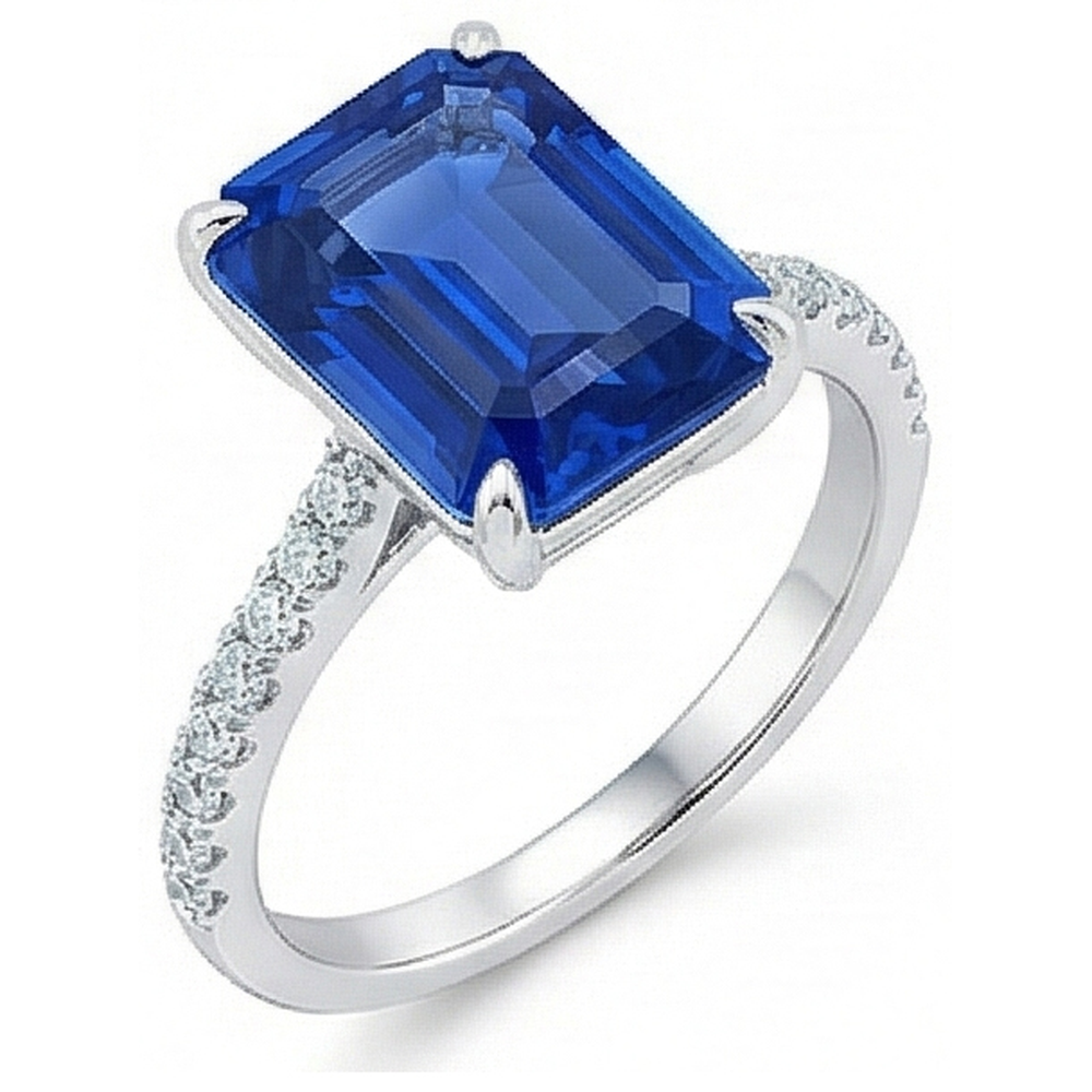 Anello solitario da donna con zaffiro blu smeraldo e diamanti accentati 5 carati