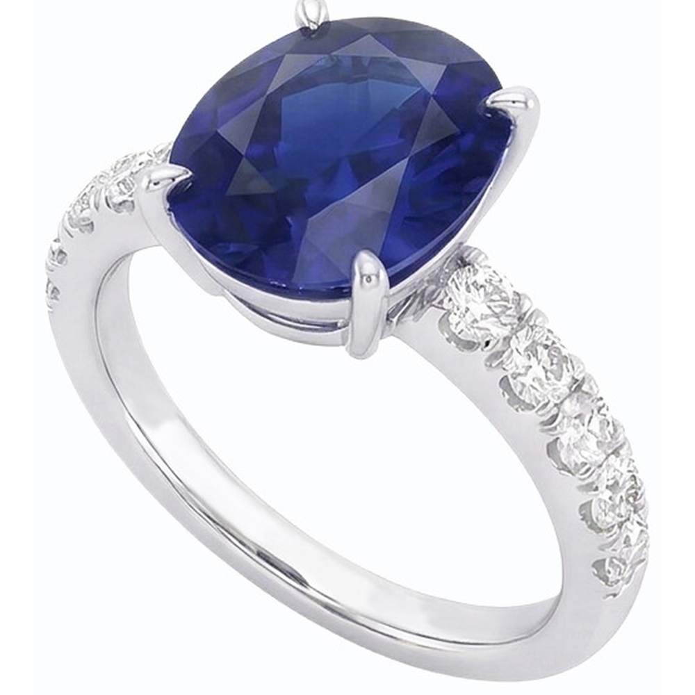 Anello solitario da donna con zaffiro taglio ovale e diamanti accentati 5.50 carati