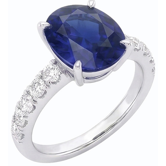 Anello solitario da donna con zaffiro taglio ovale e diamanti accentati 5.50 carati