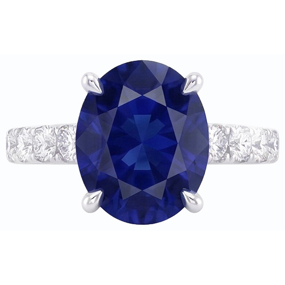 Anello solitario da donna con zaffiro taglio ovale e diamanti accentati 5.50 carati