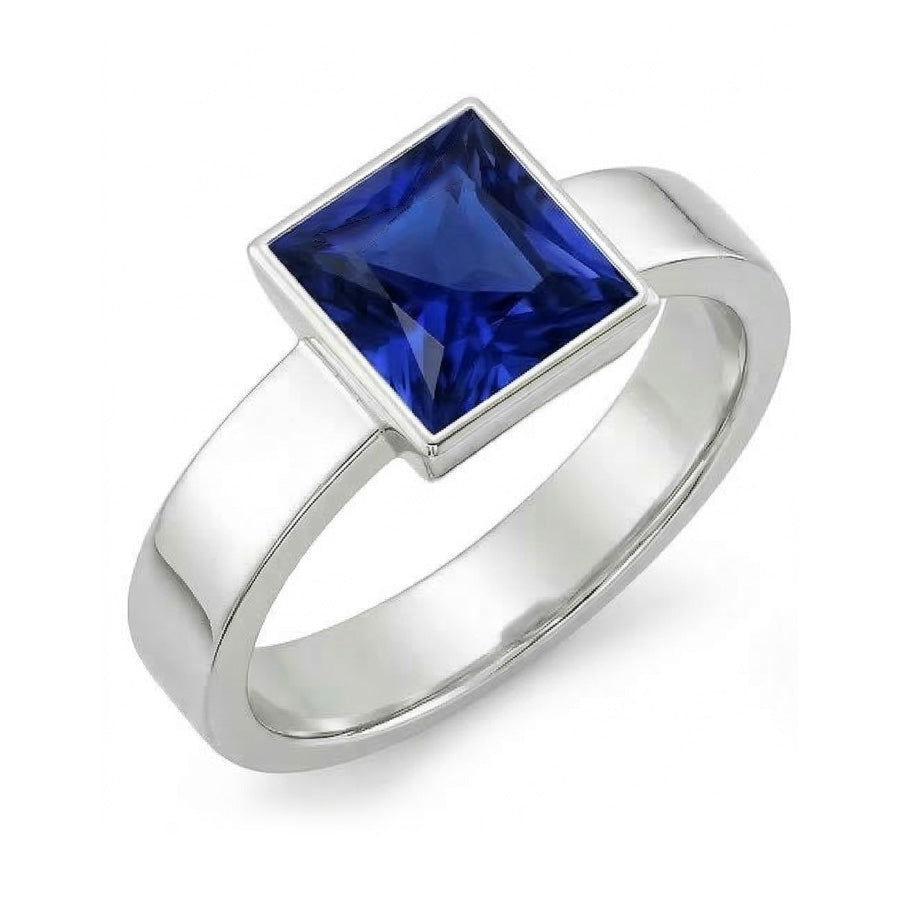 Anello solitario da uomo Princess Ceylon Sapphire con castone in oro bianco 5 carati