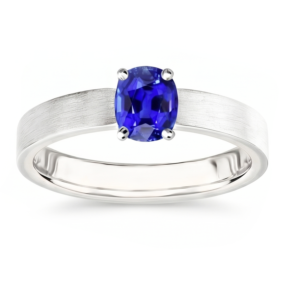 Anello solitario da uomo con zaffiro blu, pietra preziosa naturale ovale da 1,50 carati, oro bianco 14K