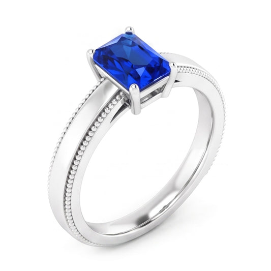 Anello solitario da uomo con zaffiro di Ceylon da 1,50 ct con gambo Milgrain in oro bianco 14K