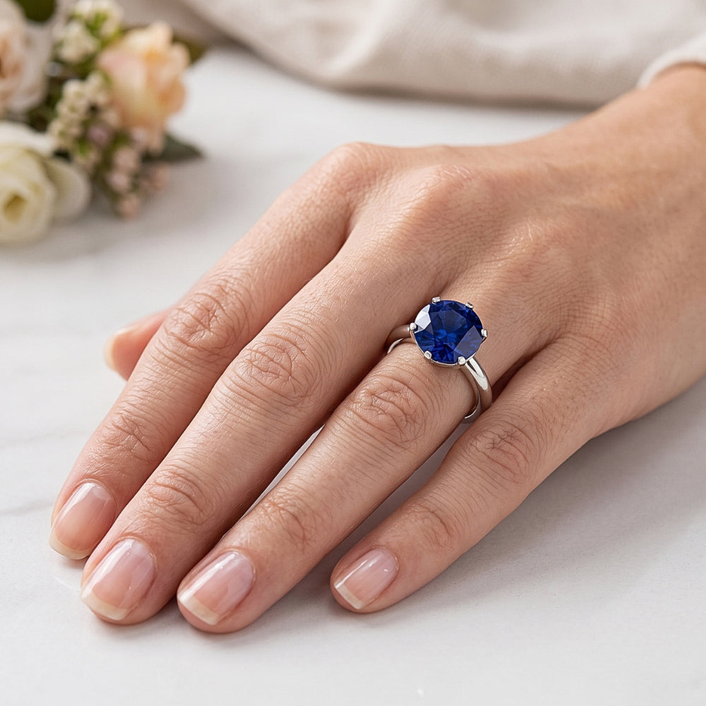 Anello solitario da uomo con zaffiro rotondo gioielli in oro bianco 3 carati