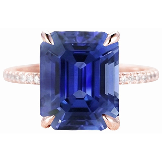 Anello solitario diamante accenti zaffiro Ceylon taglio smeraldo 4.50 carati