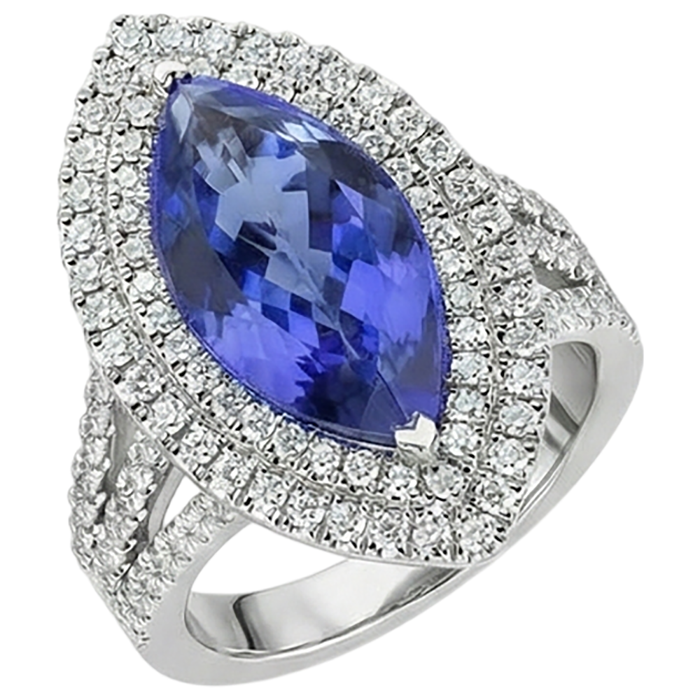 Anello solitario in oro 14 kt con tanzanite e diamanti da 21.25 ct