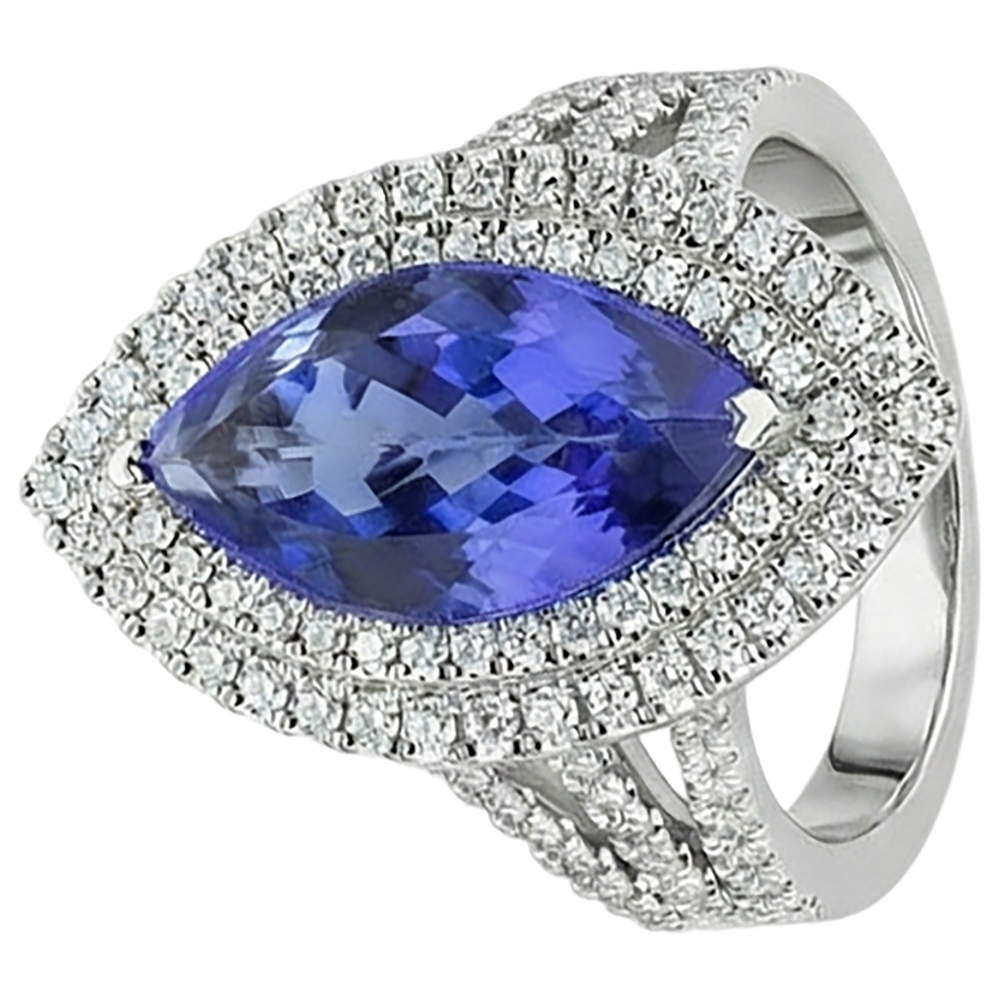 Anello solitario in oro 14 kt con tanzanite e diamanti da 21.25 ct