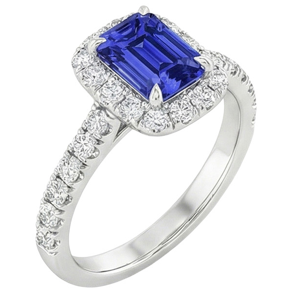 Anello solitario in oro bianco con accenti Zaffiro blu e diamante 5 Carati