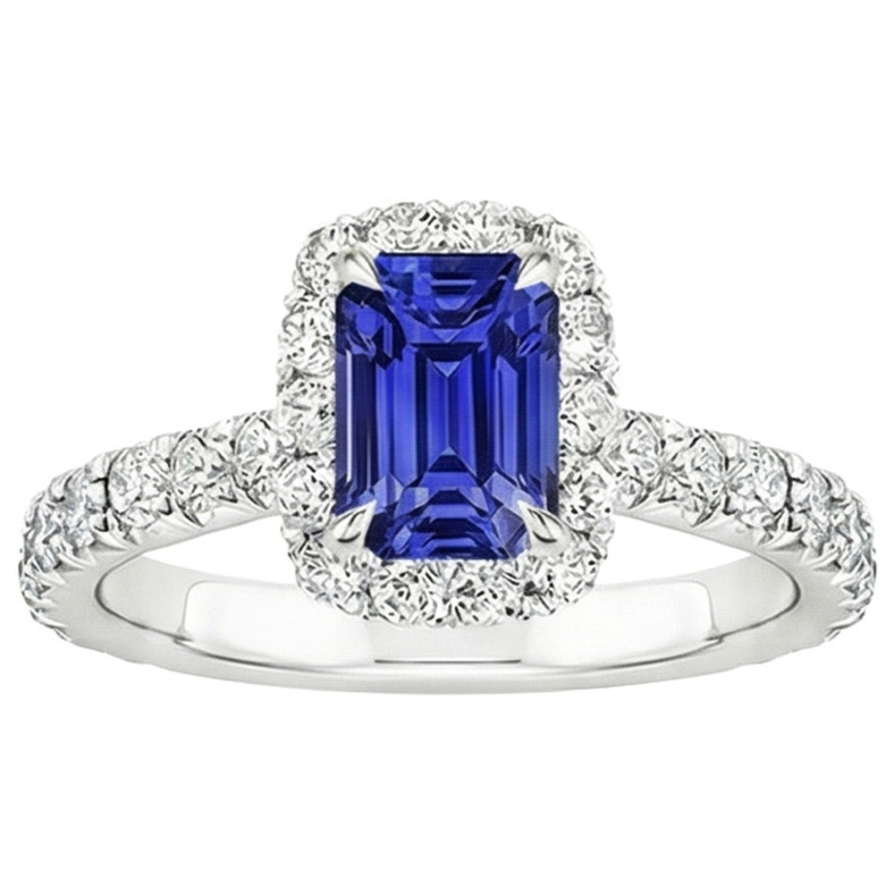 Anello solitario in oro bianco con accenti Zaffiro blu e diamante 5 Carati