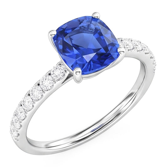 Anello solitario in oro bianco con zaffiro blu e diamante accentato 2.50 carati