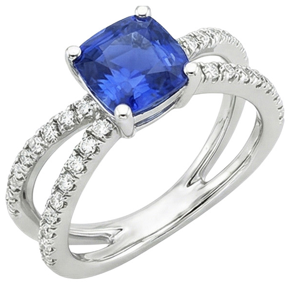 Anello solitario in oro con zaffiro blu e accenti gambo diviso 2.75 carati