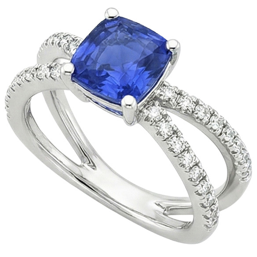 Anello solitario in oro con zaffiro blu e accenti gambo diviso 2.75 carati