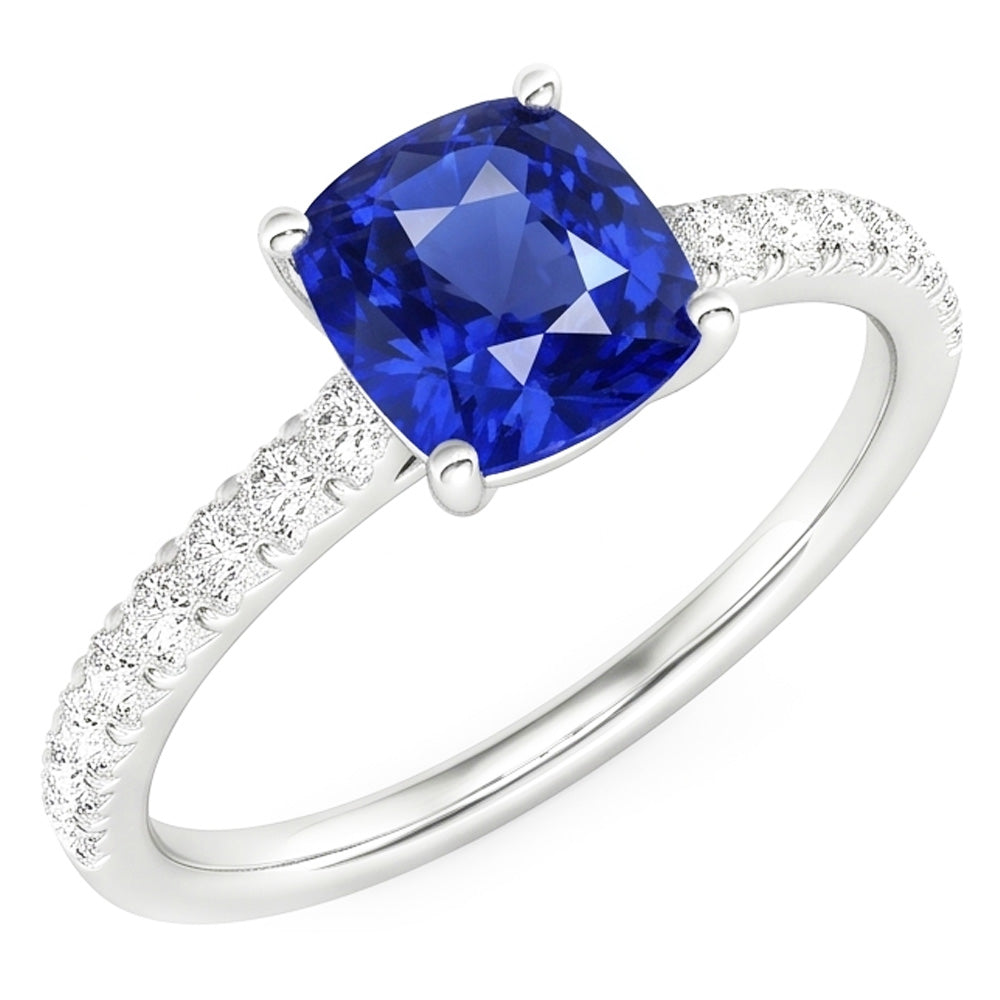 Anello solitario in oro con zaffiro taglio cuscino e pavé di diamanti 3 carati