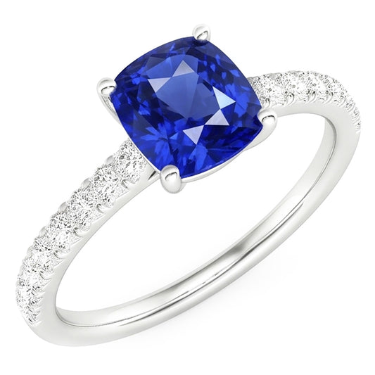 Anello solitario in oro con zaffiro taglio cuscino e pavé di diamanti 3 carati