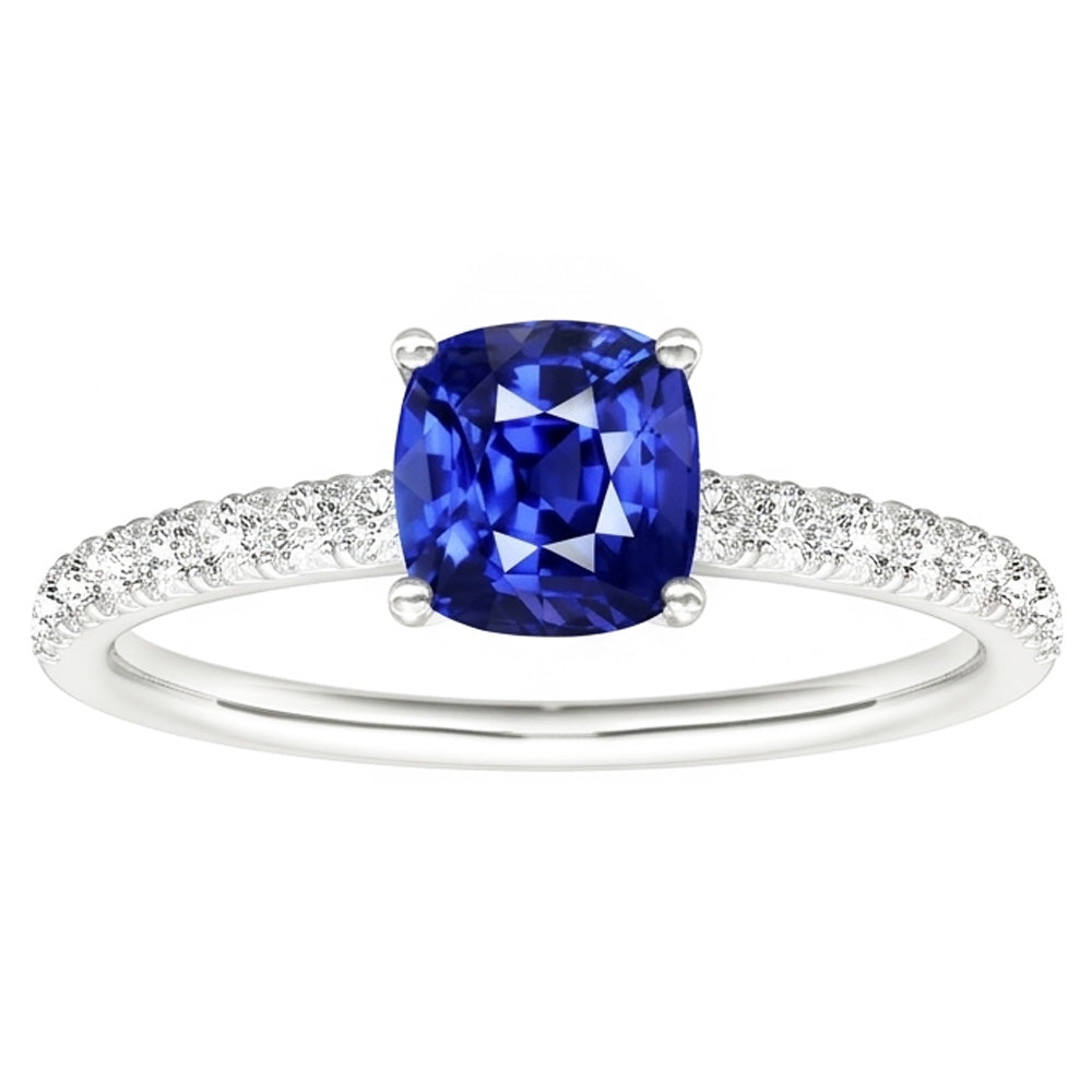 Anello solitario in oro con zaffiro taglio cuscino e pavé di diamanti 3 carati