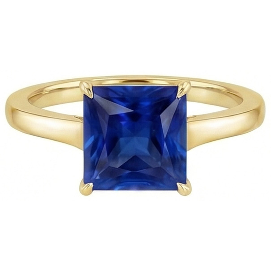 Anello solitario in oro giallo con gemma di zaffiro blu principessa 5 carati