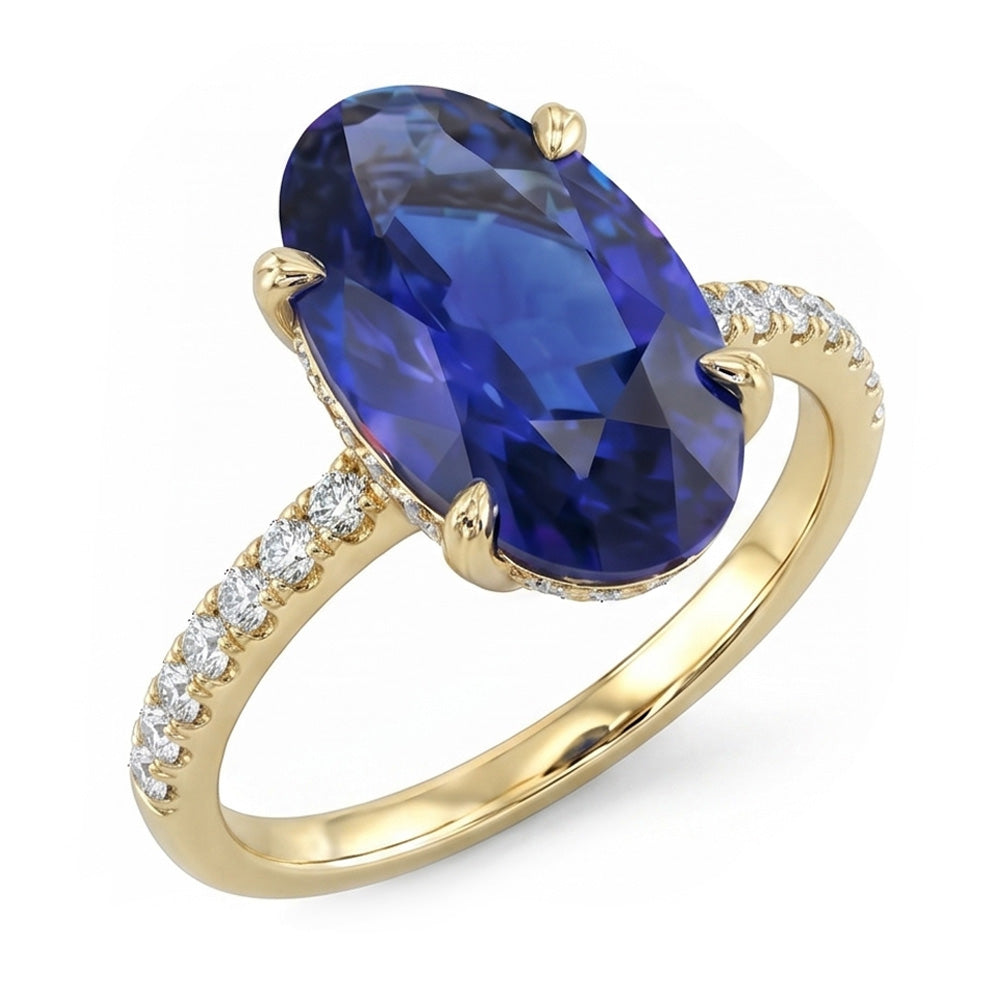 Anello solitario in oro giallo con zaffiro blu ovale con accenti 4 carati