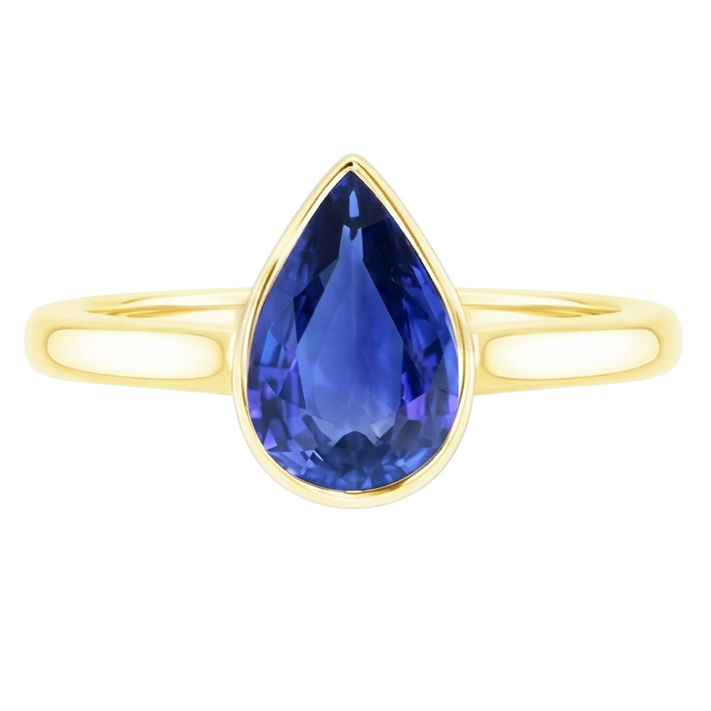 Anello solitario in oro giallo lunetta con zaffiro dello Sri Lanka pera 4 carati