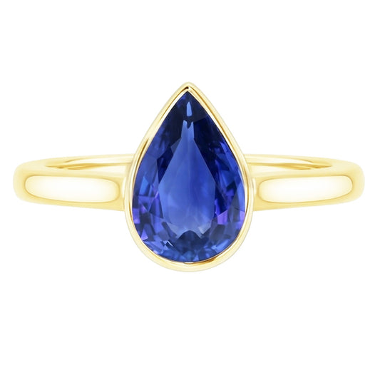 Anello solitario in oro giallo lunetta con zaffiro dello Sri Lanka pera 4 carati
