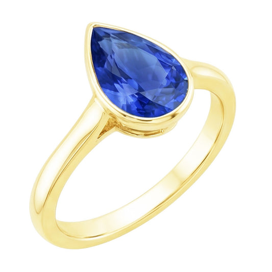 Anello solitario in oro giallo lunetta con zaffiro dello Sri Lanka pera 4 carati