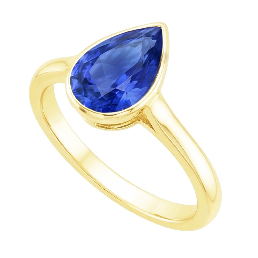 Anello solitario in oro giallo lunetta con zaffiro dello Sri Lanka pera 4 carati