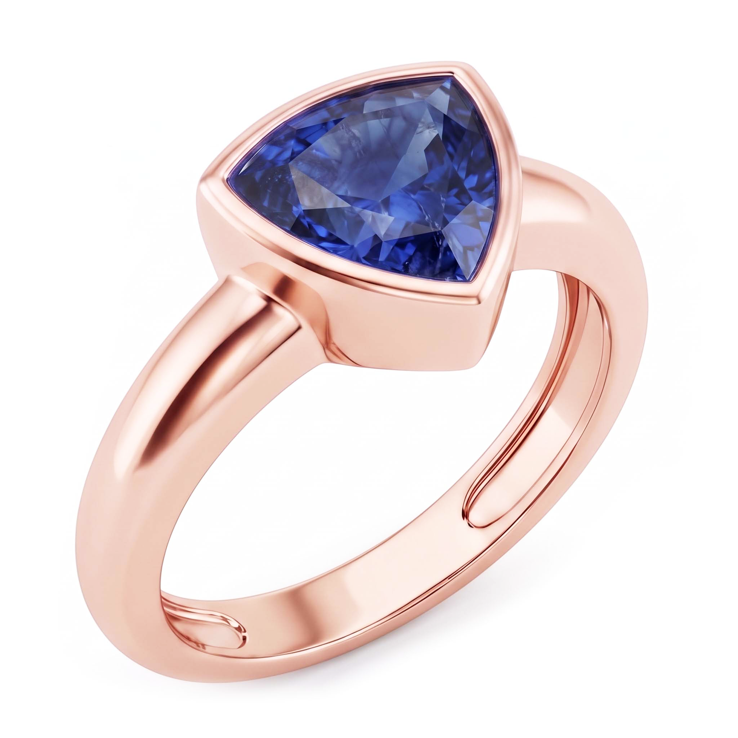 Anello solitario in oro rosa 2 carati con castone in zaffiro blu taglio trilioni