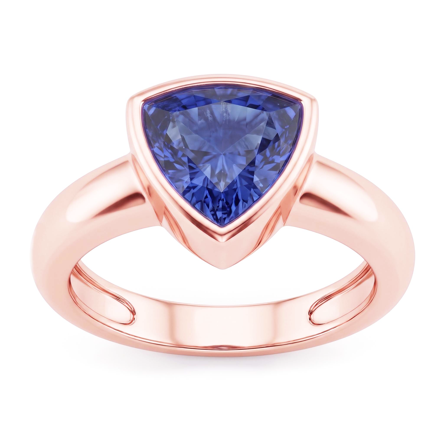 Anello solitario in oro rosa 2 carati con castone in zaffiro blu taglio trilioni