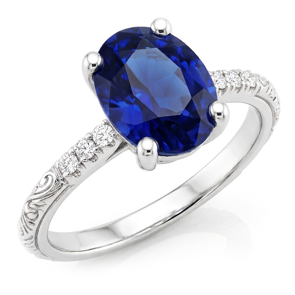 Anello solitario in stile antico con accenti blu zaffiro da 3,50 carati