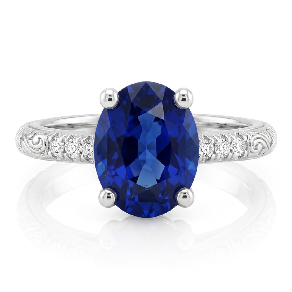 Anello solitario in stile antico con accenti blu zaffiro da 3,50 carati